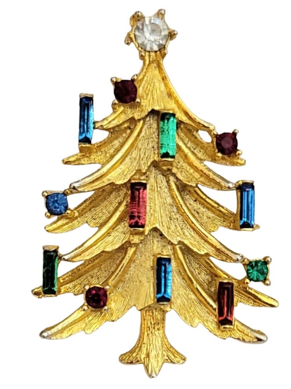 Mamselle Gold Tone Multicolor Rhinestone Christmas Tree Brooch, Signed M257